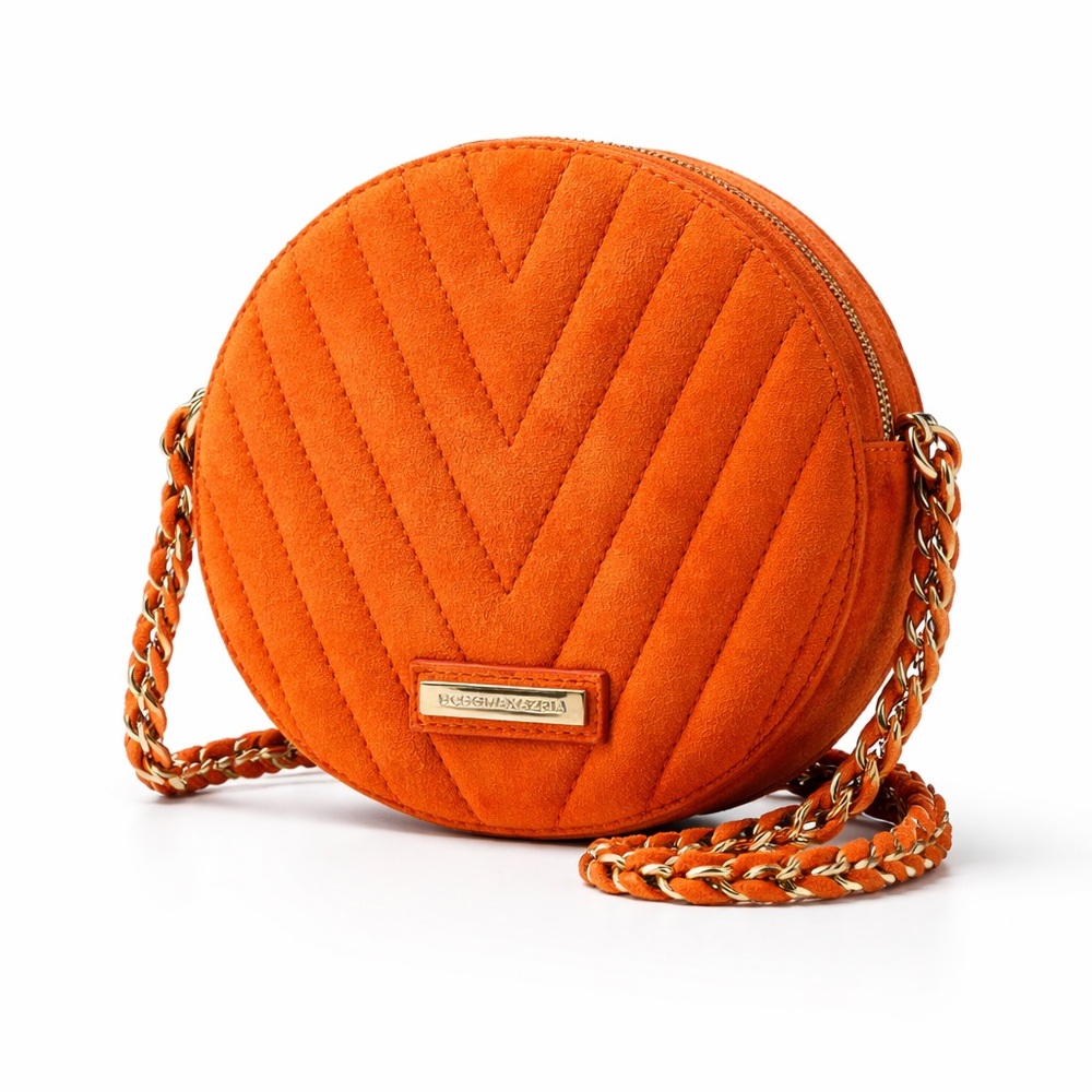 BCBG MaxAzria Orange Faux Suede Quilted Chevron Round Crossbody - Picture 2 of 16